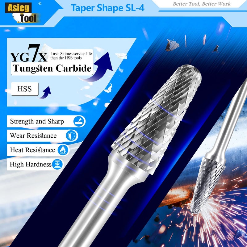 Asieg Tool SL-4 Tungsten Carbide Burr Rotary File Taper Shape with Radius End Double Cut with 1/4" Shank for Die Grinder Drill Bit - Image 3